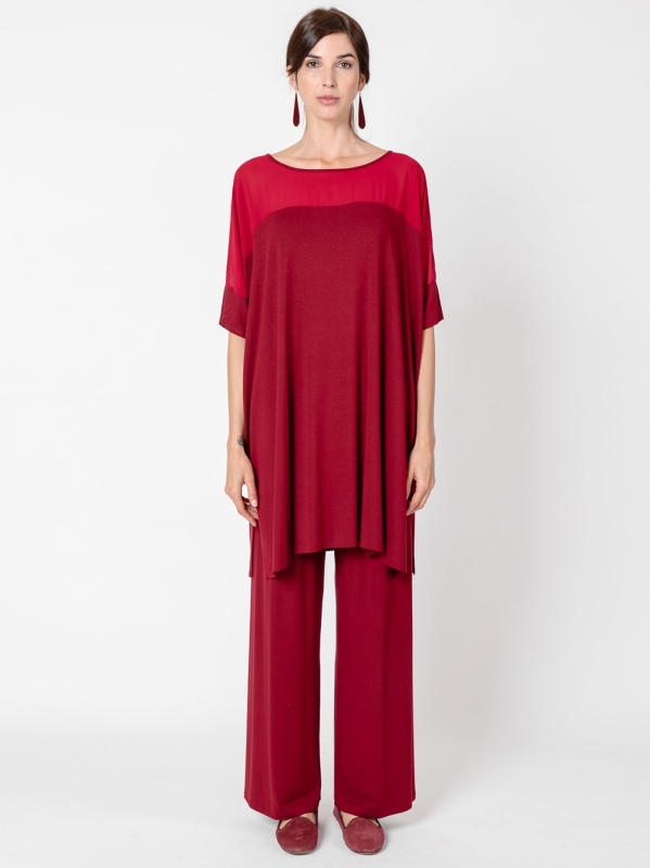T-shirt over con dettagli chiffon BORDEAUX