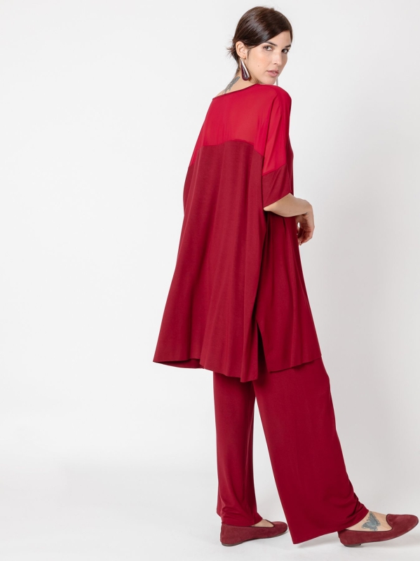 T-shirt over con dettagli chiffon BORDEAUX
