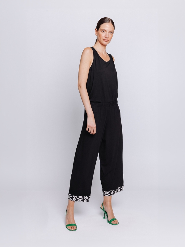 Pantalone cropped con inserto in popeline stampato