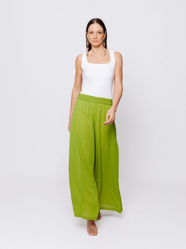 Pantalone in tripla georgette a palazzo con sfondo piega laterale