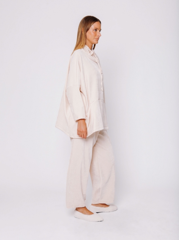 Micro-ribbed velvet sweater with drawstring