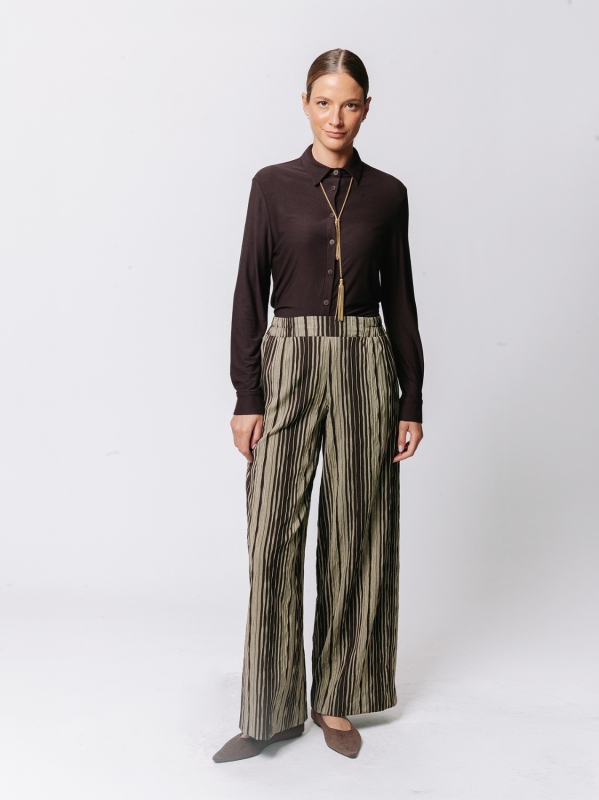 Palazzo Trousers in Crinkle Jacquard Pinstripe
