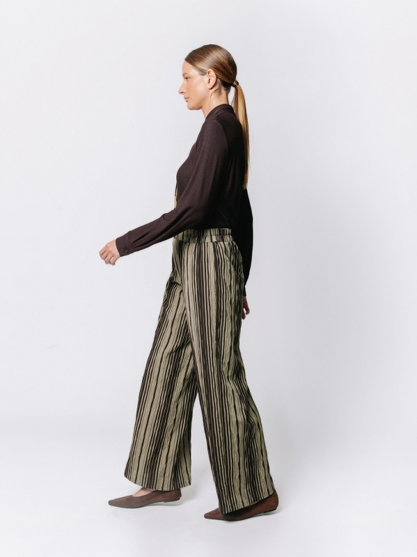Palazzo Trousers in Crinkle Jacquard Pinstripe
