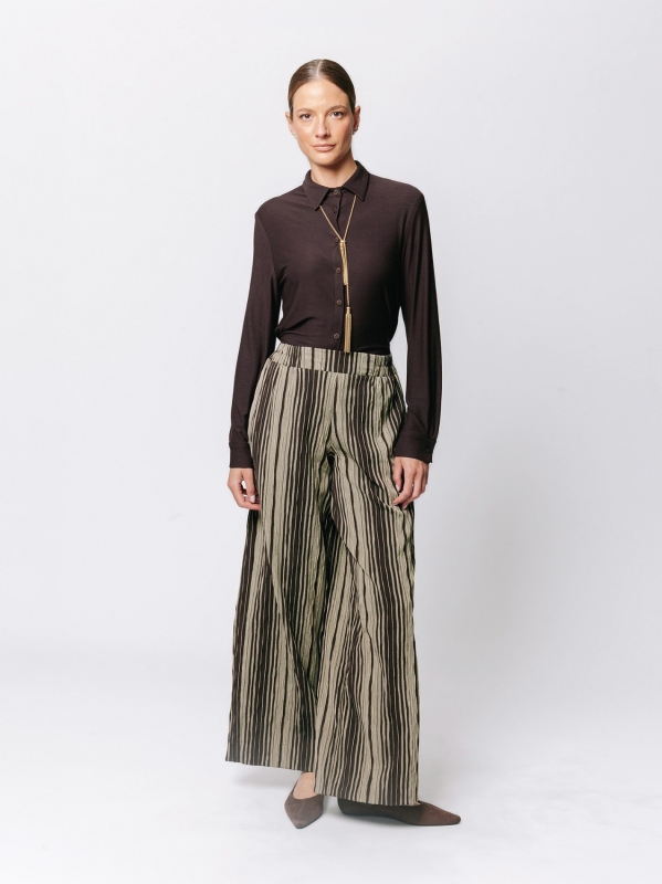 Palazzo Trousers in Crinkle Jacquard Pinstripe
