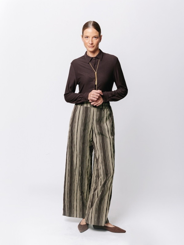Palazzo Trousers in Crinkle Jacquard Pinstripe