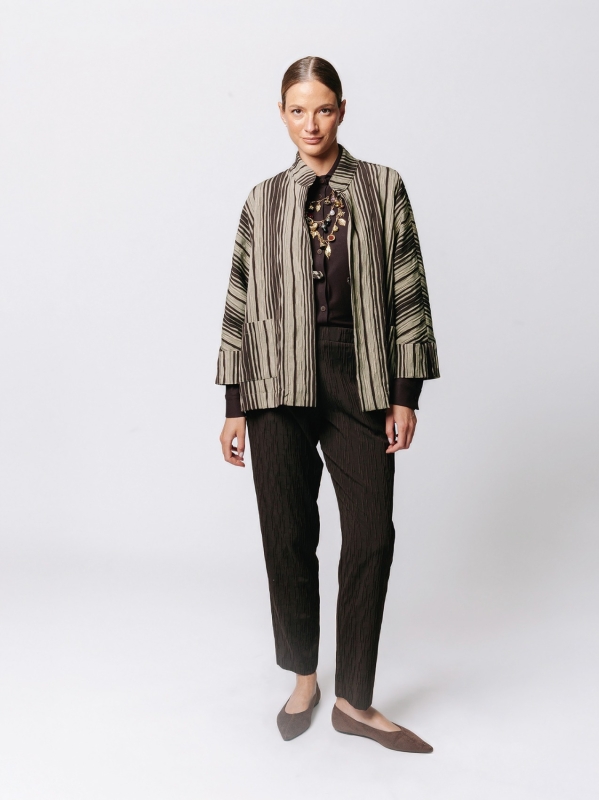 Oversized Kimono Jacket in Crinkle Jacquard with Pinstripe