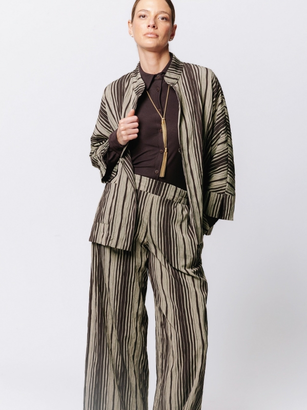 Oversized Kimono Jacket in Crinkle Jacquard with Pinstripe