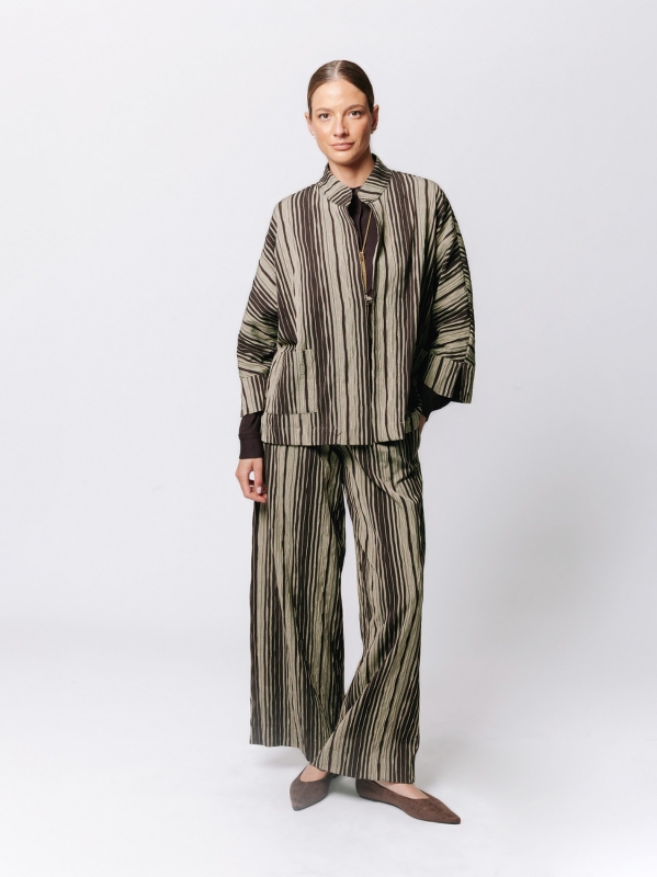 Oversized Kimono Jacket in Crinkle Jacquard with Pinstripe