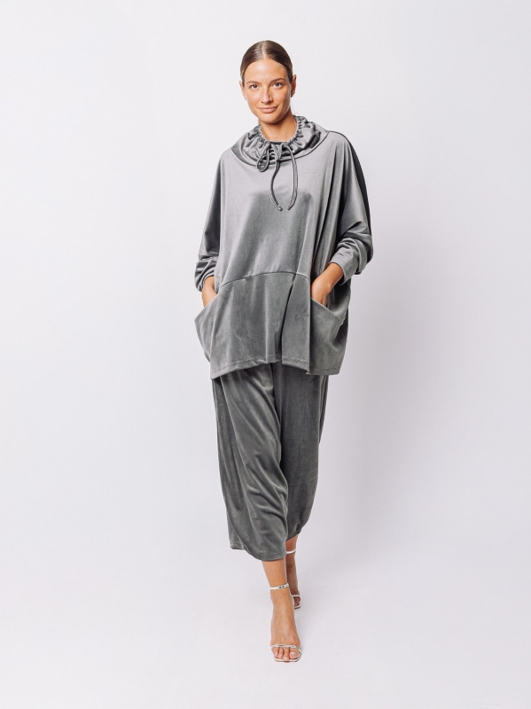 Chenille sweater with high neck and drawstring