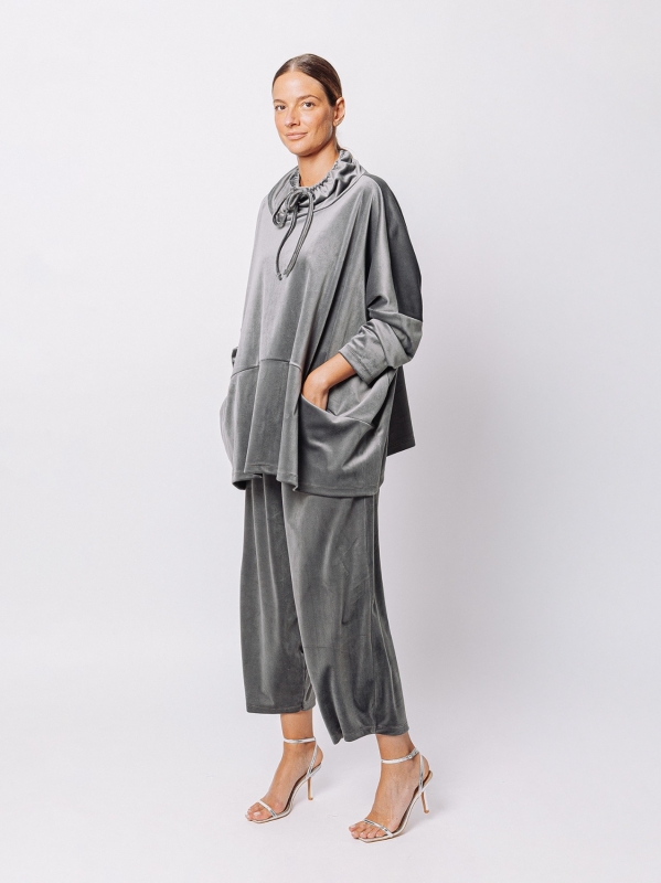 Chenille sweater with high neck and drawstring