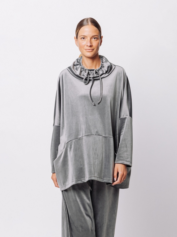 Chenille sweater with high neck and drawstring