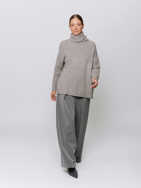 Melange sweater with high neck and ribbed sleeves