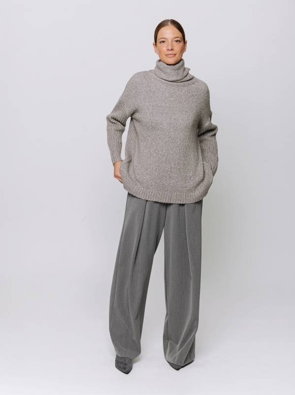 Melange sweater with high neck and ribbed sleeves