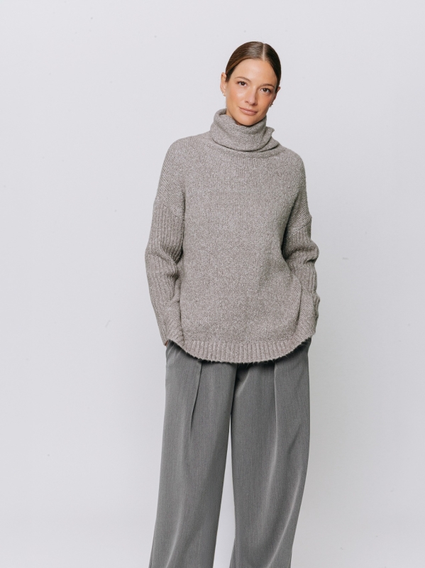 Melange sweater with high neck and ribbed sleeves