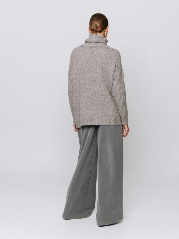 Melange sweater with high neck and ribbed sleeves