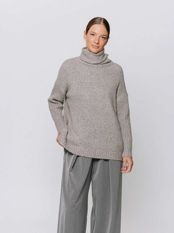Melange sweater with high neck and ribbed sleeves