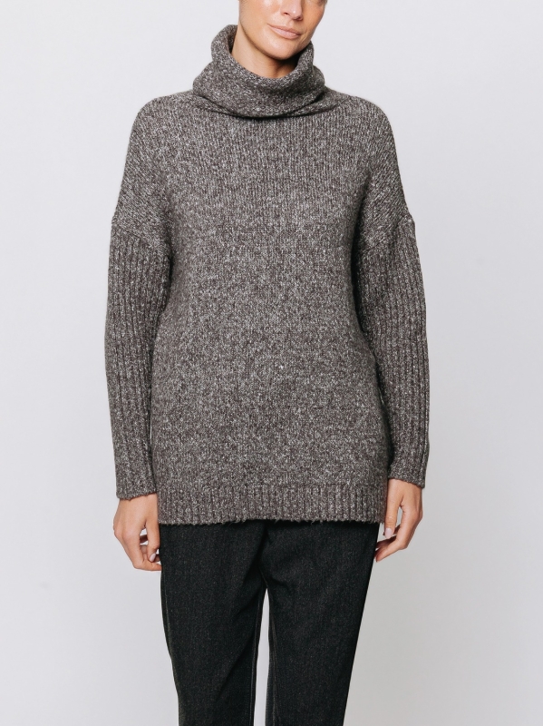 Melange sweater with high neck and ribbed sleeves