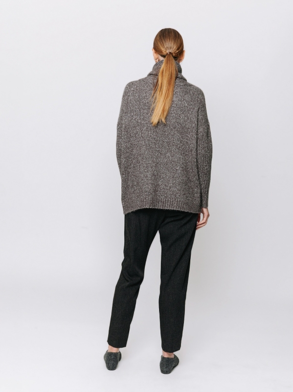 Melange sweater with high neck and ribbed sleeves