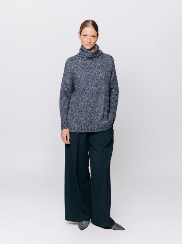 Melange sweater with high neck and ribbed sleeves