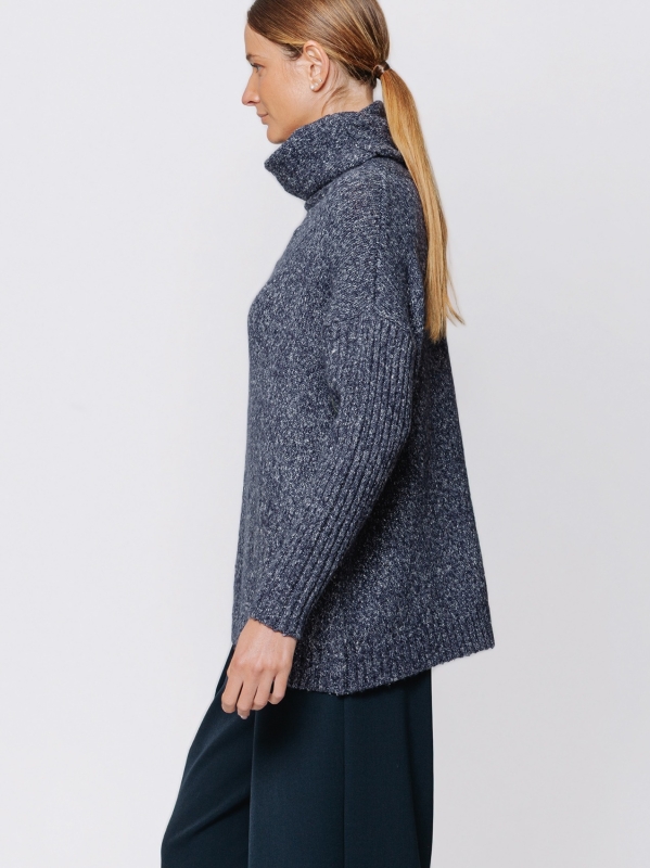 Melange sweater with high neck and ribbed sleeves