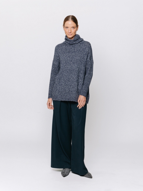 Melange sweater with high neck and ribbed sleeves