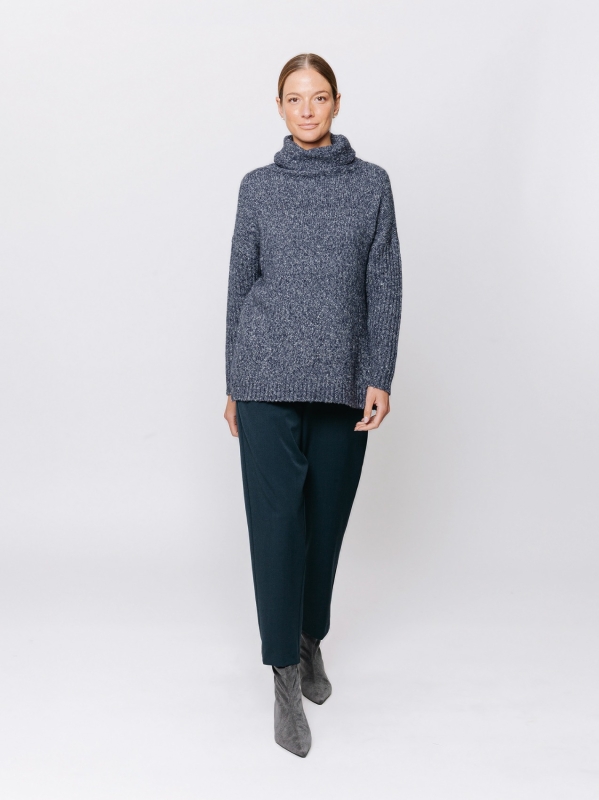 Melange sweater with high neck and ribbed sleeves