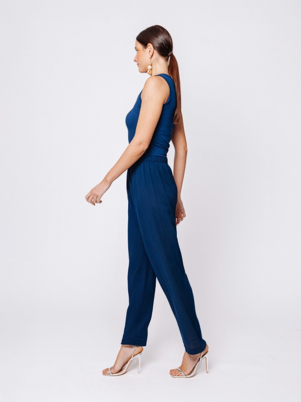 Pantalone fluido con elastico in vita in tripla georgette blu