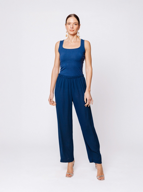 Pantalone fluido con elastico in vita in tripla georgette blu