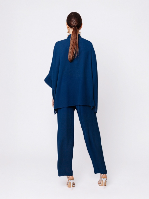 Camicia over in tripla georgette blu con collo alla coreana