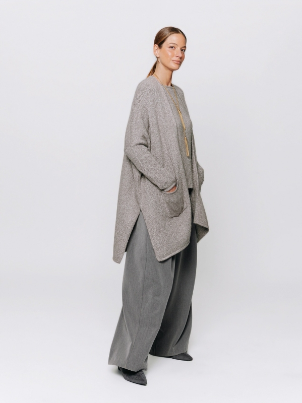 Cardigan lungo mélange a kimono con tasche