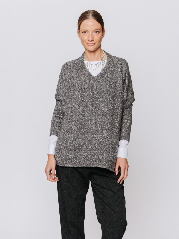 Maglia a scatola mélange con scollo a V
