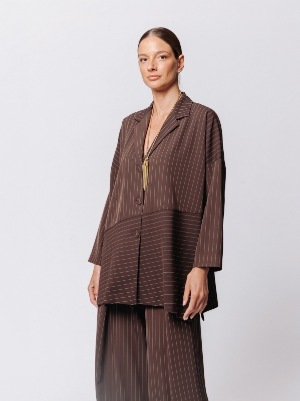Oversized Pinstriped Jacket with Oblique Cut