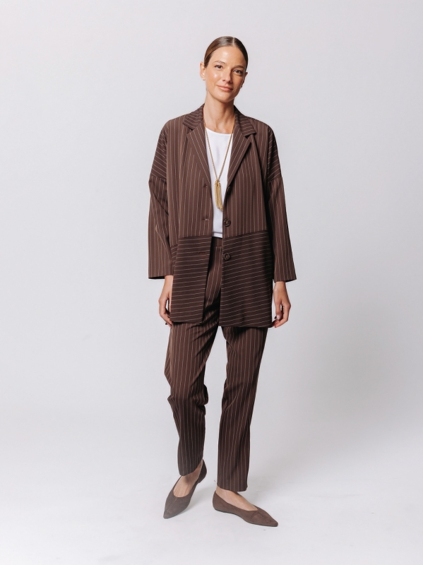 Oversized Pinstriped Jacket with Oblique Cut