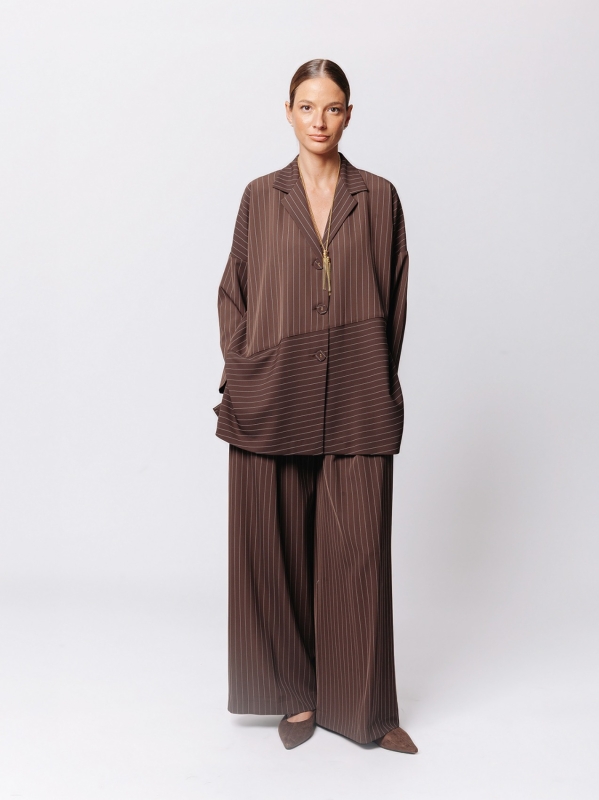 Oversized Pinstriped Jacket with Oblique Cut