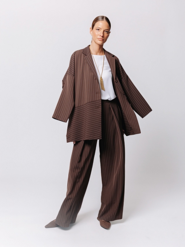 Oversized Pinstriped Jacket with Oblique Cut