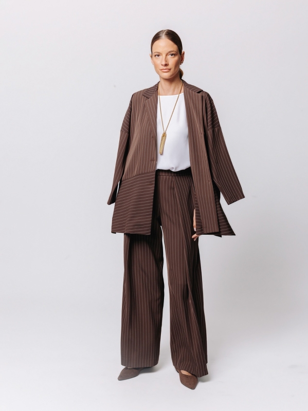 Oversized Pinstriped Jacket with Oblique Cut