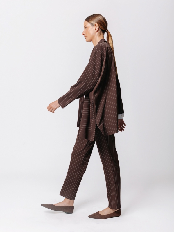 Oversized Pinstriped Jacket with Oblique Cut