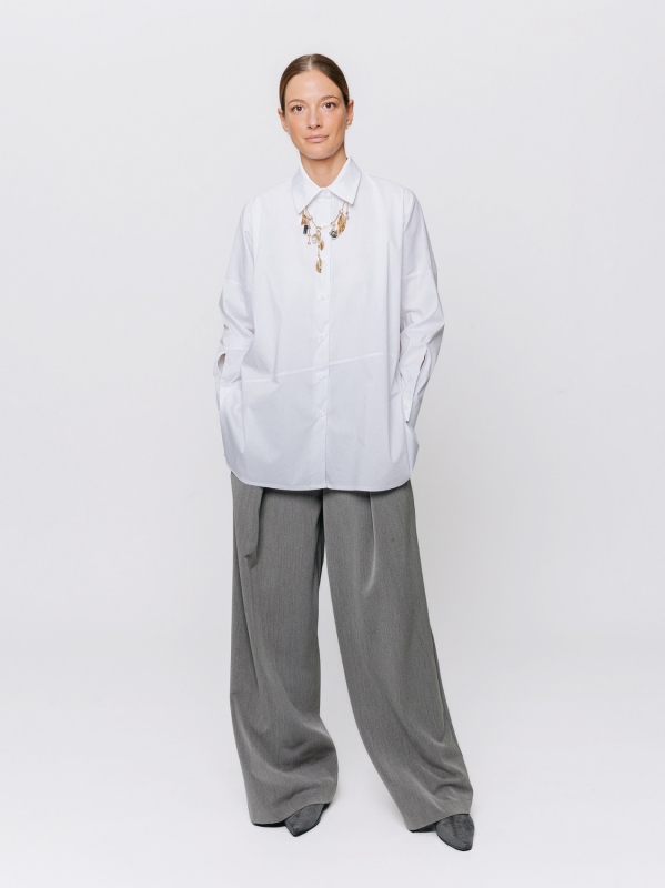 Oversized Stretch Poplin Shirt with Diagonal Cut