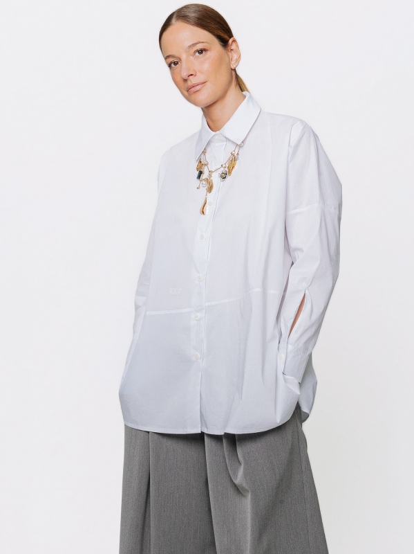 Oversized Stretch Poplin Shirt with Diagonal Cut