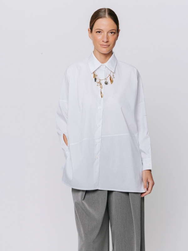 Oversized Stretch Poplin Shirt with Diagonal Cut